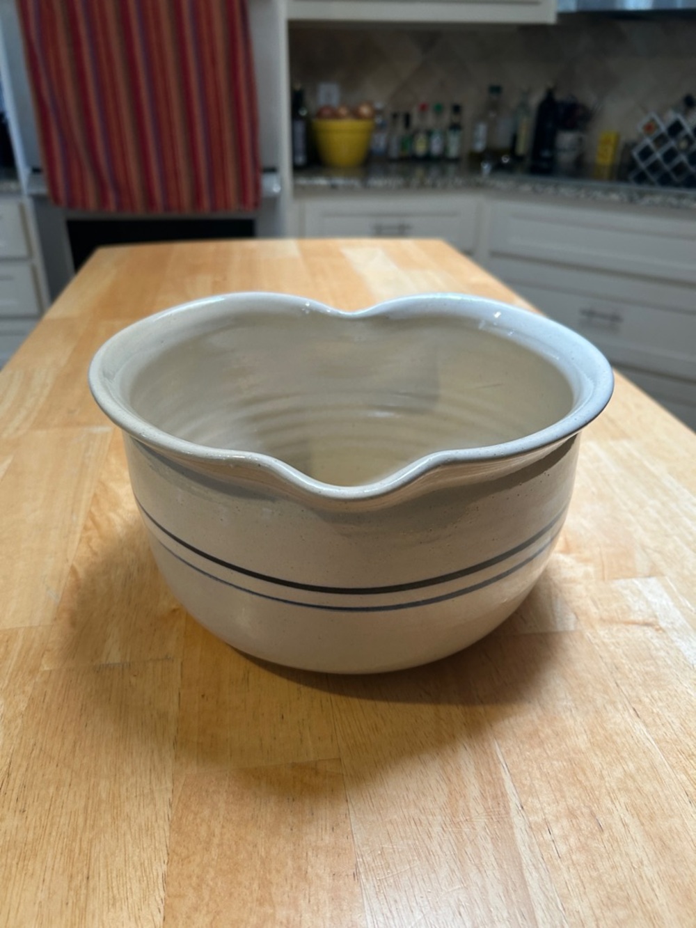 Marshall Pottery Hand Crafted Ceramic Heart Shaped Bowl with Blue Stripe